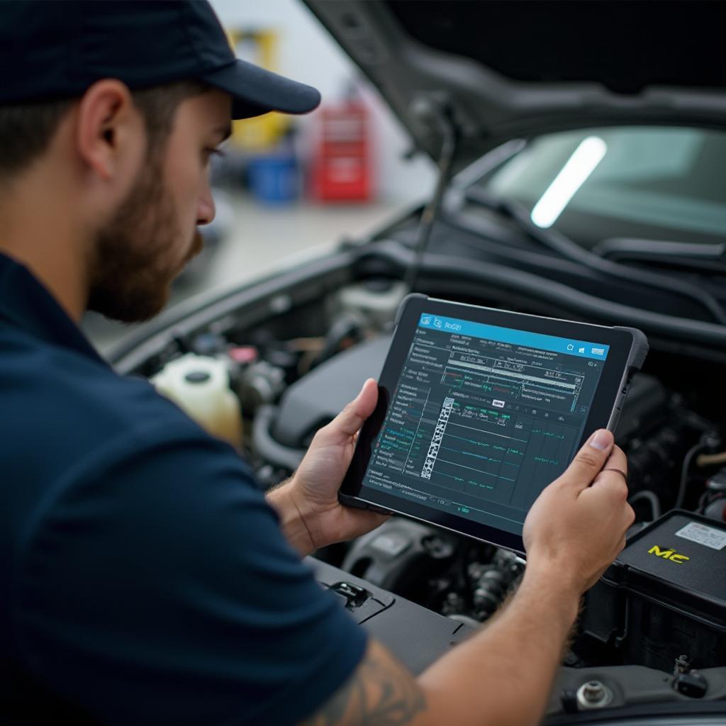 Mechanic using the Veepeak OBD2 app on a tablet