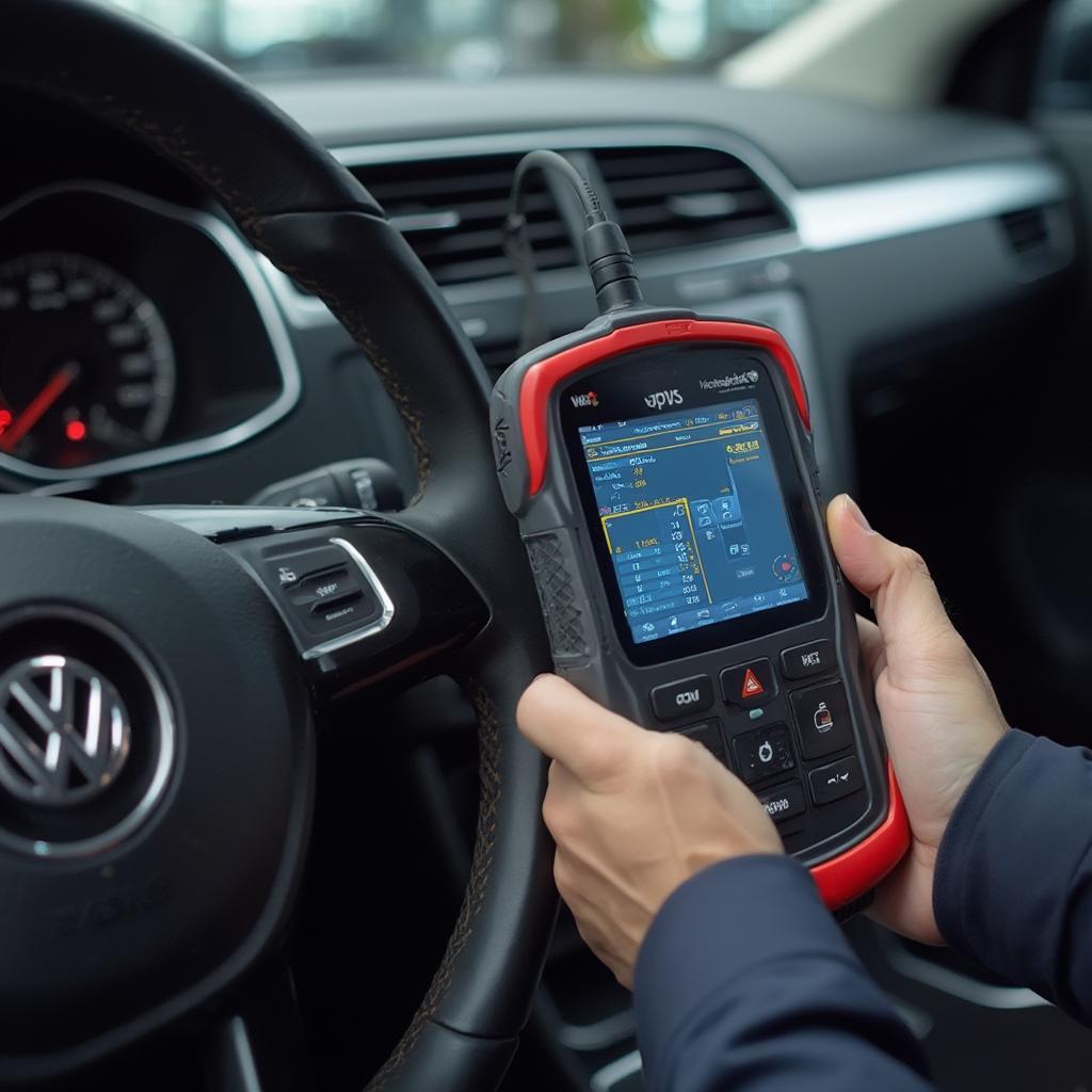 Mechanic Using a Volkswagen OBD2 Scan Tool on a Car