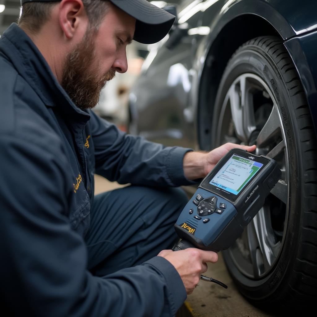 Mechanic using Vscan OBD2 Scanner in Workshop