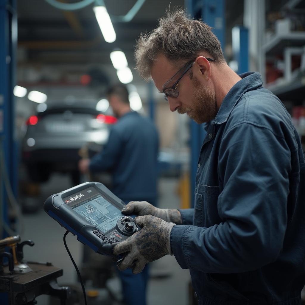 Mechanic Using Zurich ZR13 OBD2 Code Reader in Auto Repair Shop