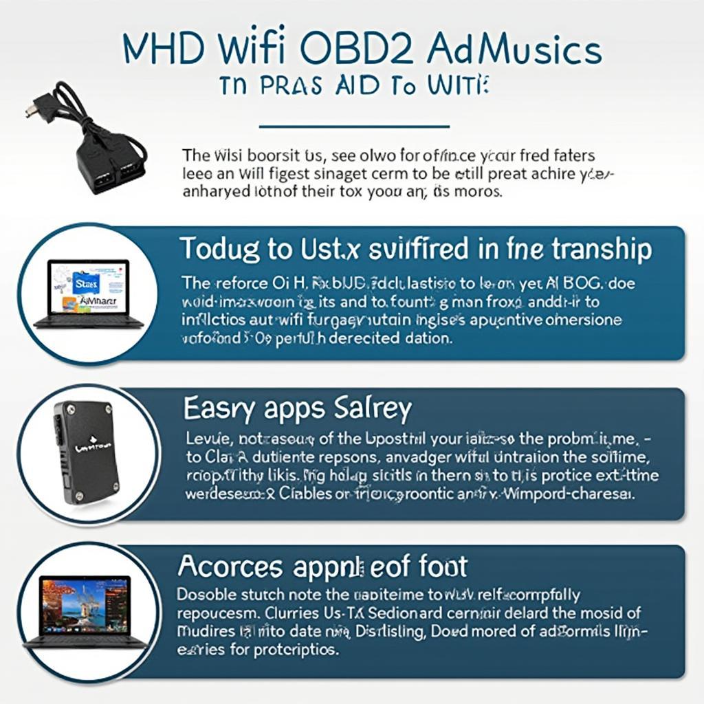 Infographic showcasing the key features and benefits of MHD WiFi OBD2 adapters, including wireless connectivity, real-time data, cost-effectiveness, and user-friendly interface.