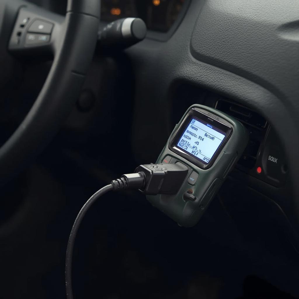 Mini OBD2 scanner connected to a car's OBD2 port