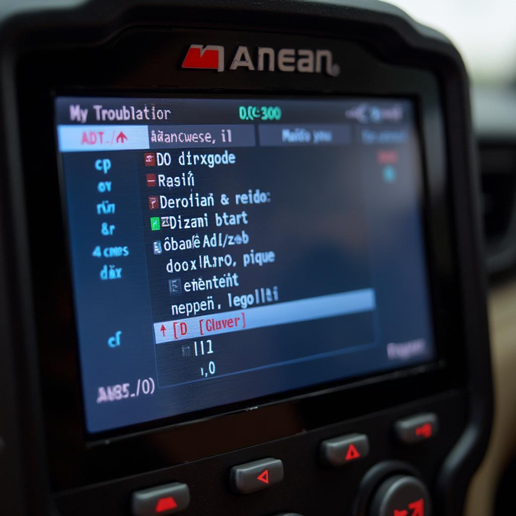 Close-up view of the MS309 OBD2 scanner's display showing a specific diagnostic trouble code.