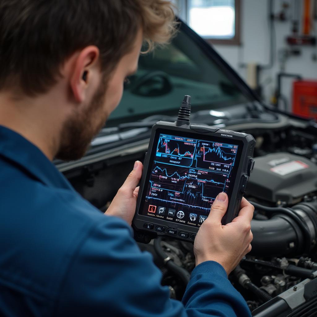 Mechanic Using OBD2 Scanner on Mustang