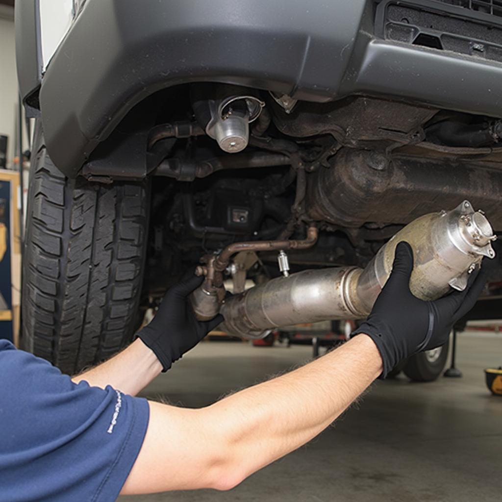 Mechanic Installing a New Catalytic Converter on a Toyota Tacoma