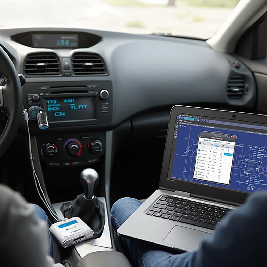 Nexiq Blue Link Mini connected to a laptop for vehicle diagnostics