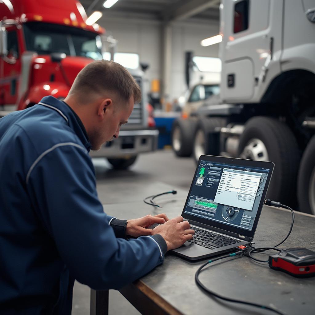 Mechanic using Nexiq OBD2 cable with a laptop for diagnostics