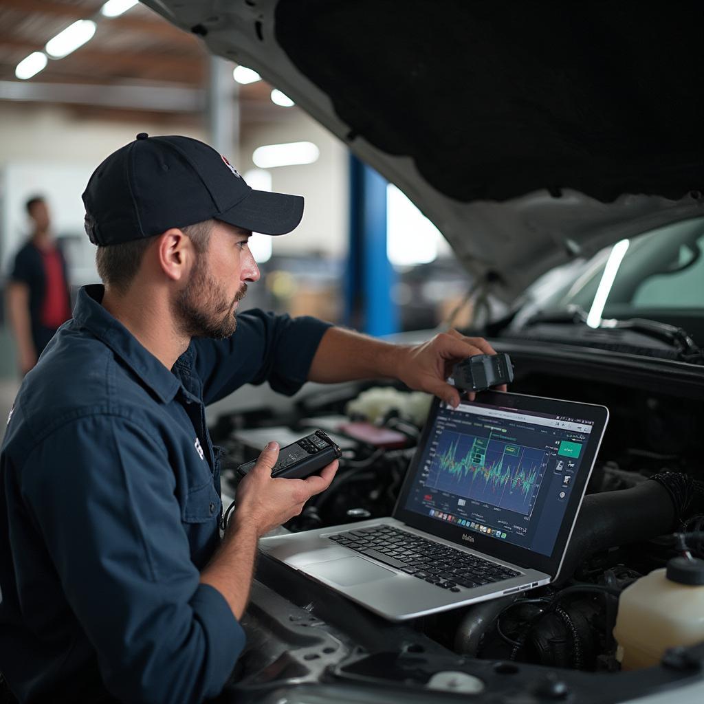 Mechanic using a Nexiq USB Link 2 and laptop to diagnose a GM engine.