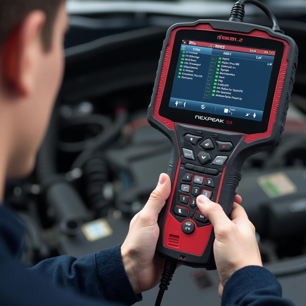 Nexpeak OBD2 NX501 Scanner in Use - A detailed close-up view of the Nexpeak OBD2 NX501 scanner being used to diagnose a car's engine control unit. The image showcases the scanner's display, buttons, and cable connection to the vehicle's OBD2 port.