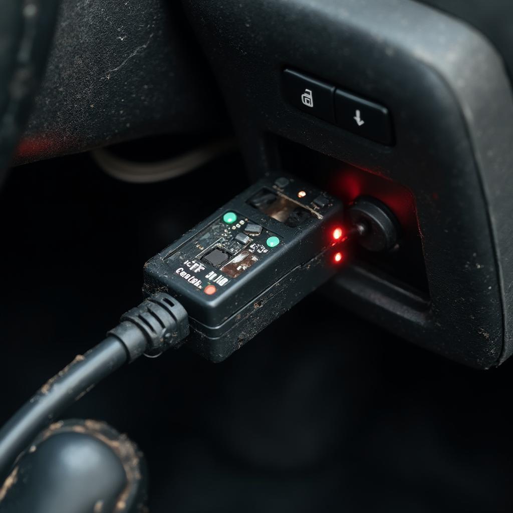 Close-up of a Nitro OBD2 Benzine Device Plugged into a Car's OBD2 Port