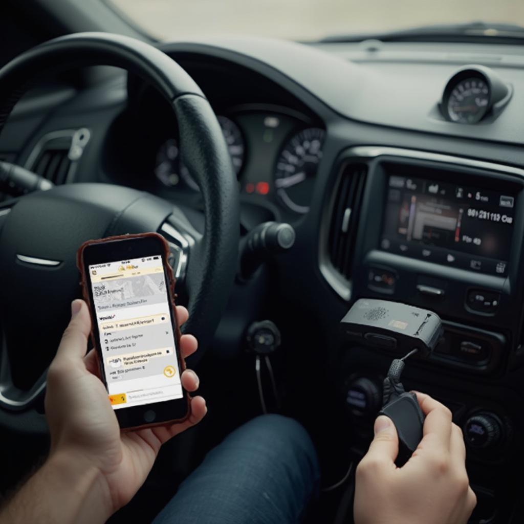 Person using a smartphone and the nonda OBD2 Free device to diagnose a car issue.