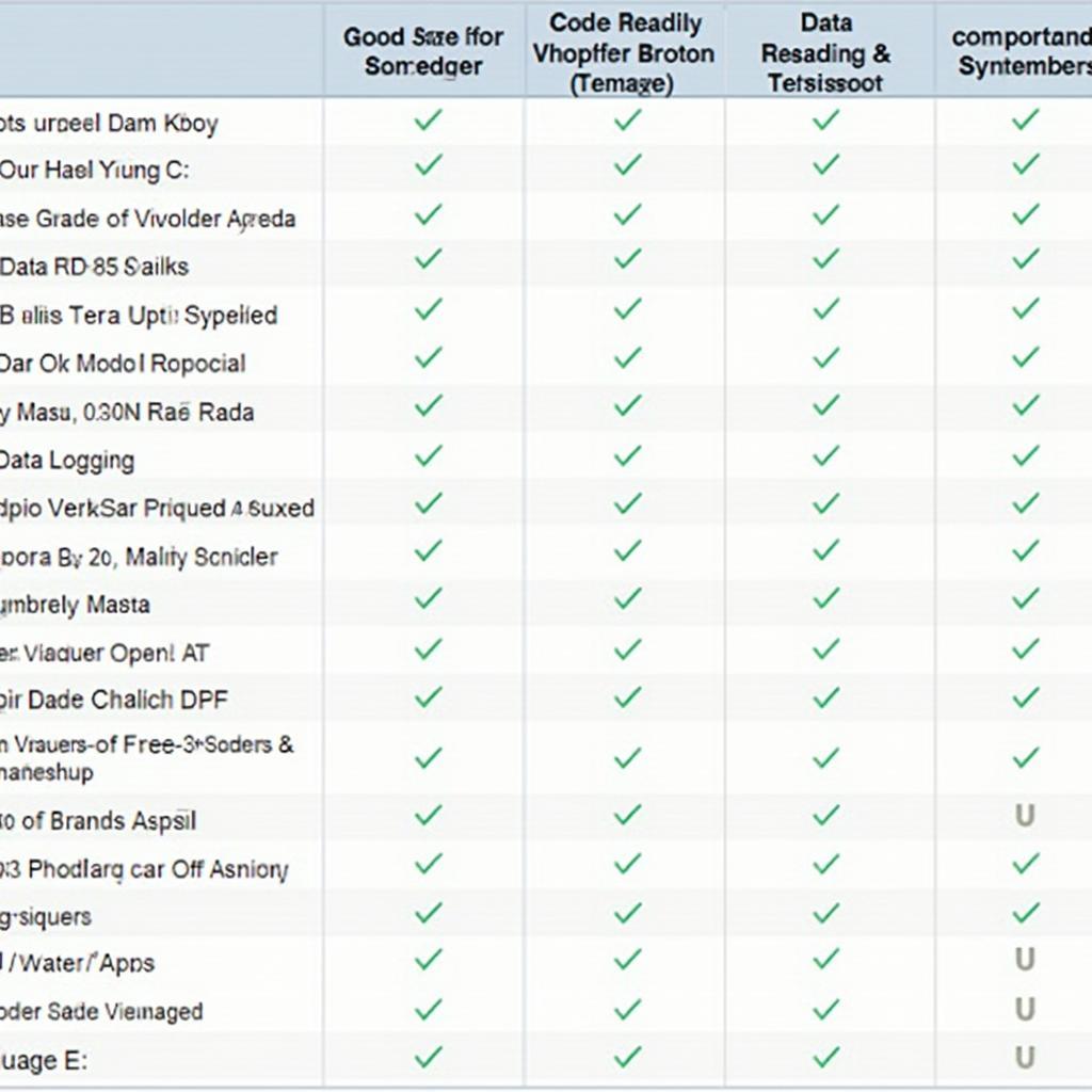 Comparison chart of different OBD2 app features