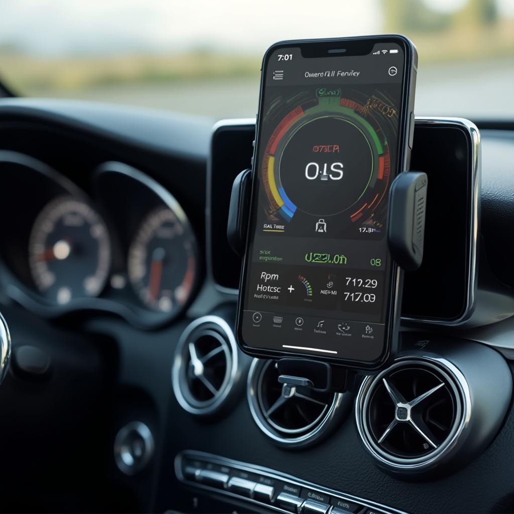 OBD2 app displaying real-time data on a Mercedes dashboard