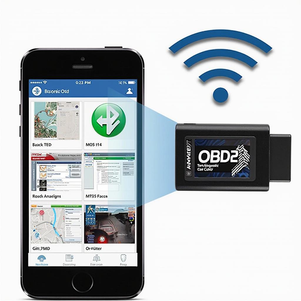 Various OBD2 apps displayed on a smartphone screen, connected to a car via a Bluetooth OBD2 scanner.