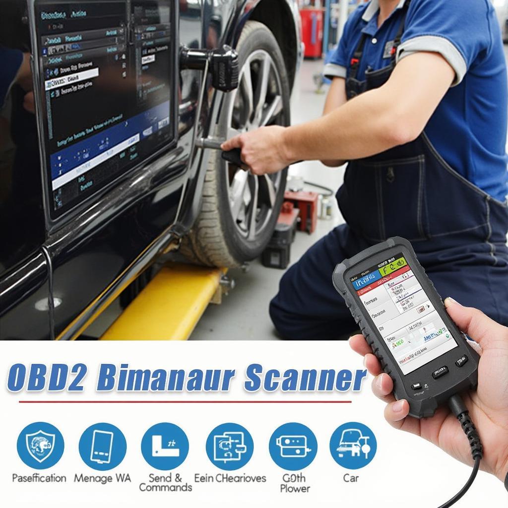 Mechanic using an OBD2 bidirectional scanner to test car systems