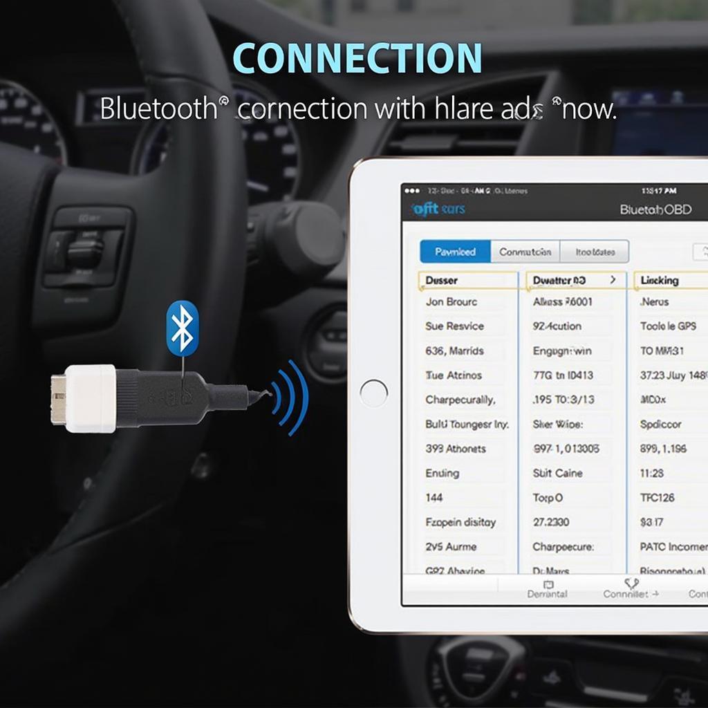 OBD2 Bluetooth adapter plugged into a car's OBD2 port and connected wirelessly to an iPad