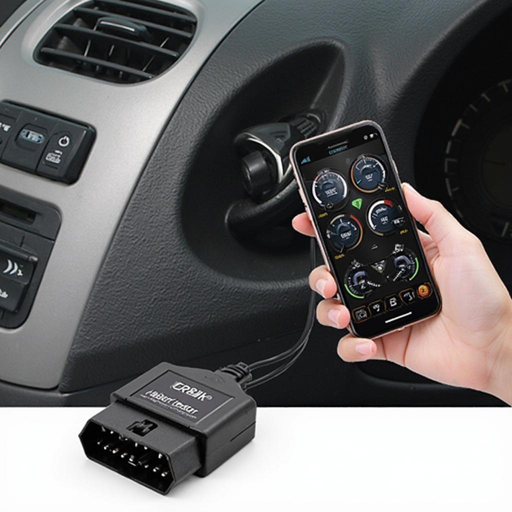 OBD2 Bluetooth device plugged into a car's OBD port and connected to a smartphone displaying diagnostic information.