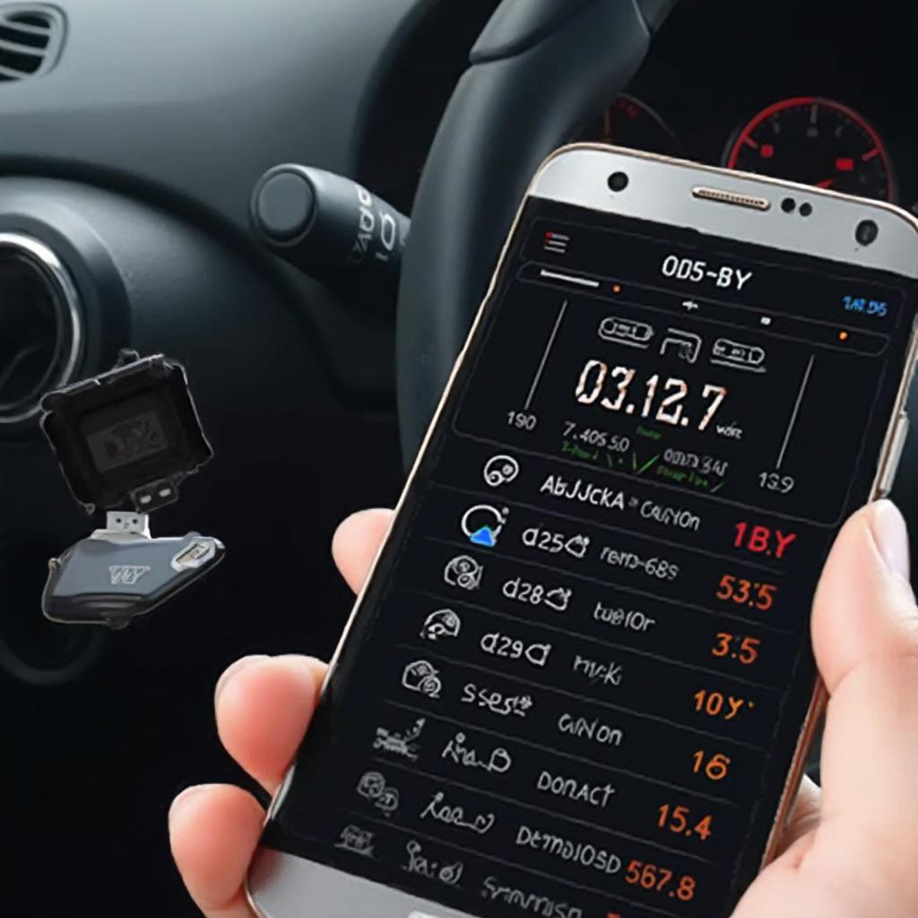 OBD2 Bluetooth dongle connected to a smartphone displaying diagnostic data.