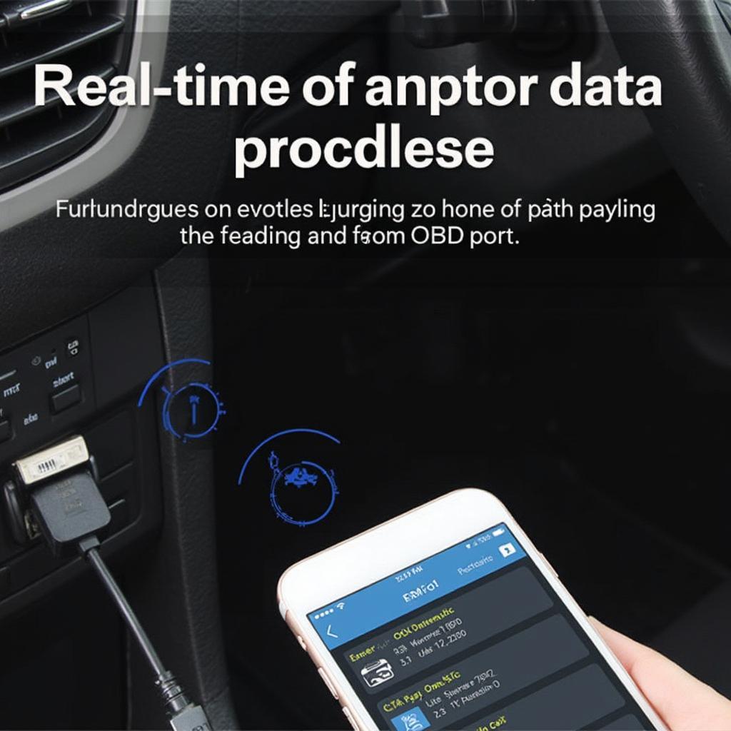 OBD2 Bluetooth ELM327 app connected to a car's OBD2 port and displaying data on a smartphone.