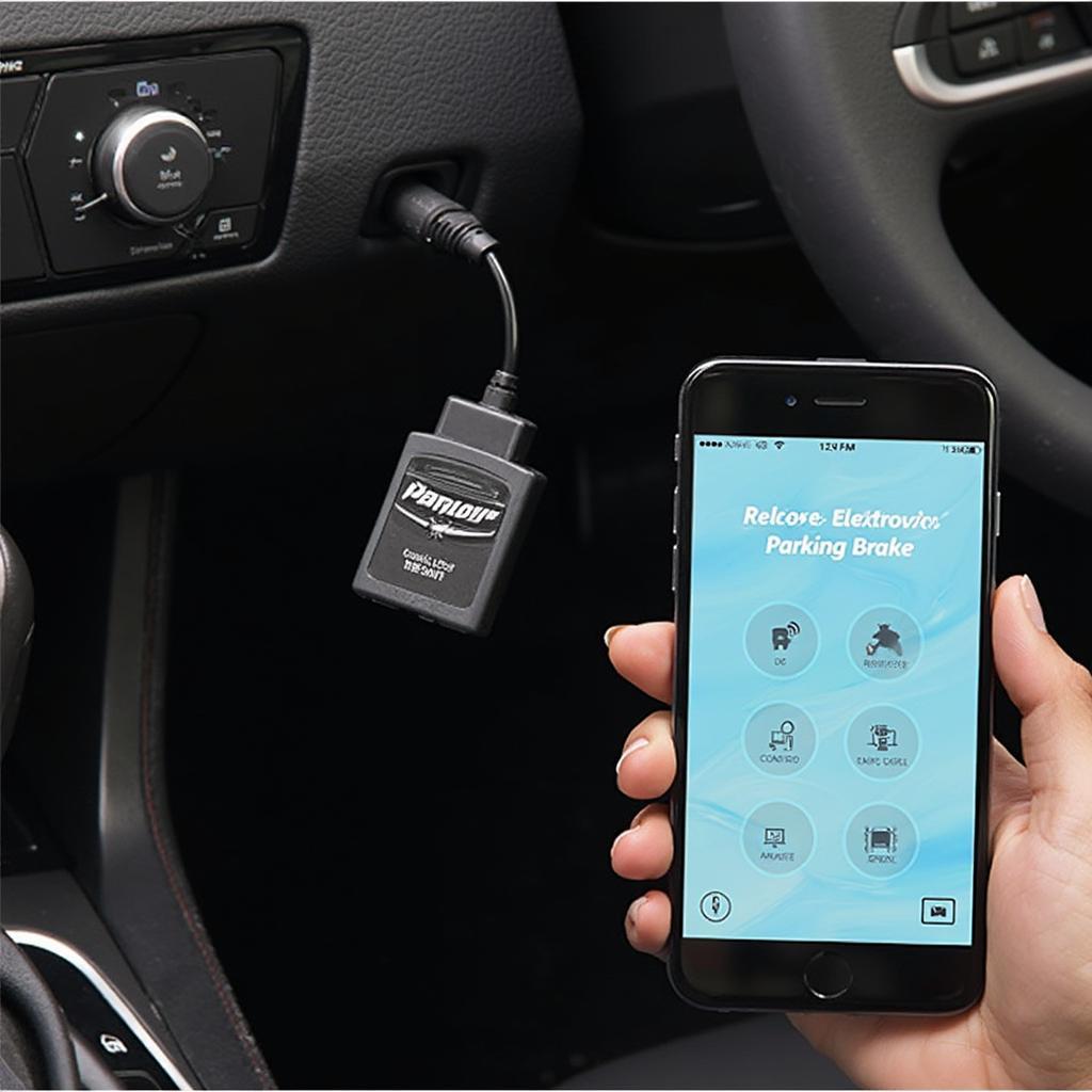 OBD2 Bluetooth adapter plugged into a car's OBD2 port, showing a smartphone displaying the parking brake release interface.