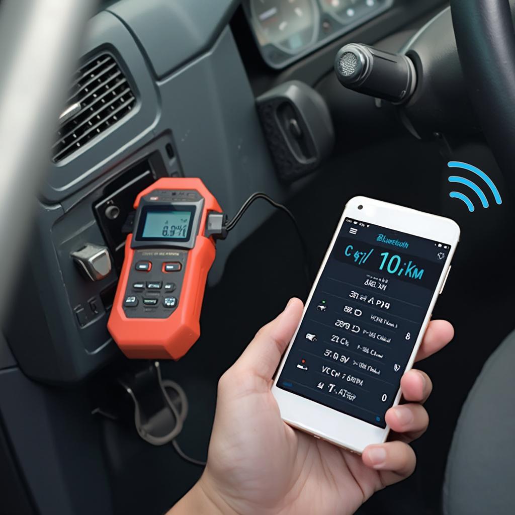 OBD2 Bluetooth scanner plugged into the diagnostic port of a diesel truck, connected to a smartphone displaying real-time data.