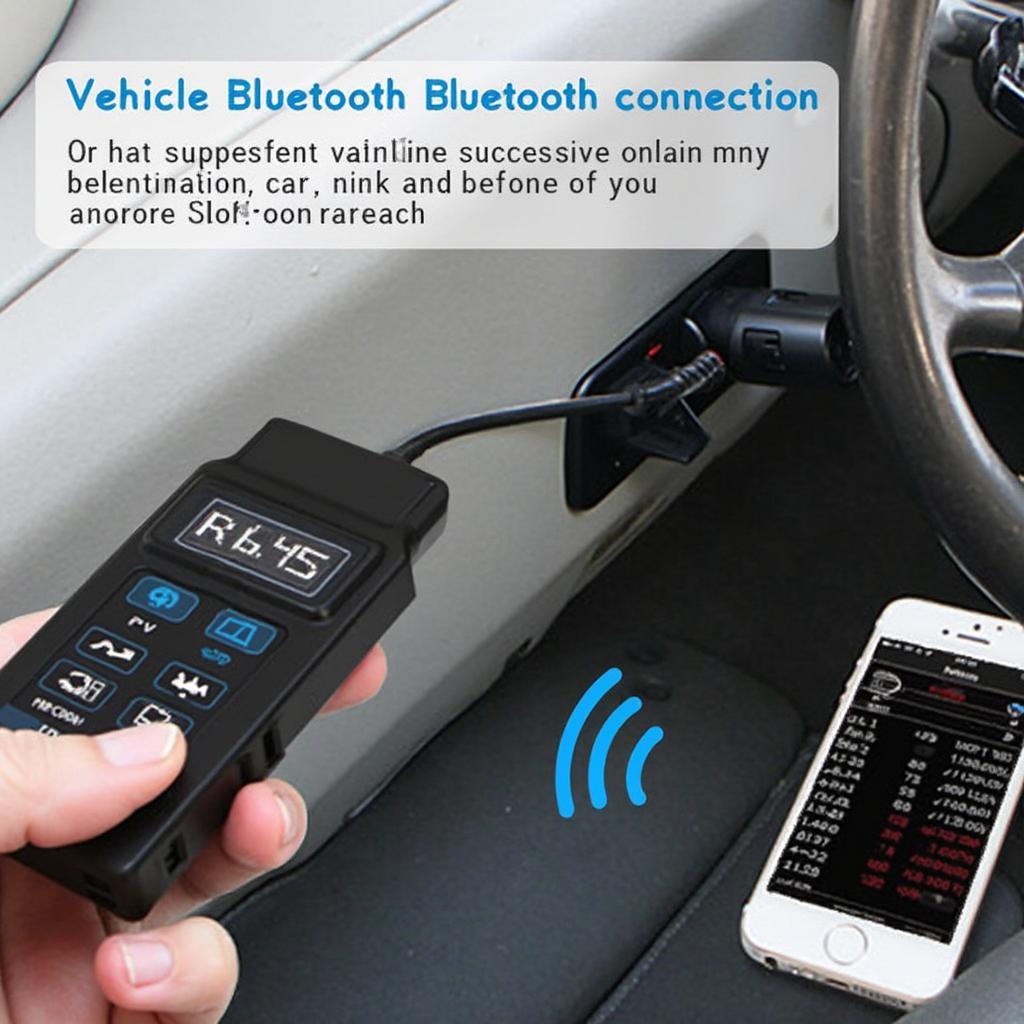 OBD2 Bluetooth scanner plugged into a car's OBD2 port, connected to a smartphone via Bluetooth.