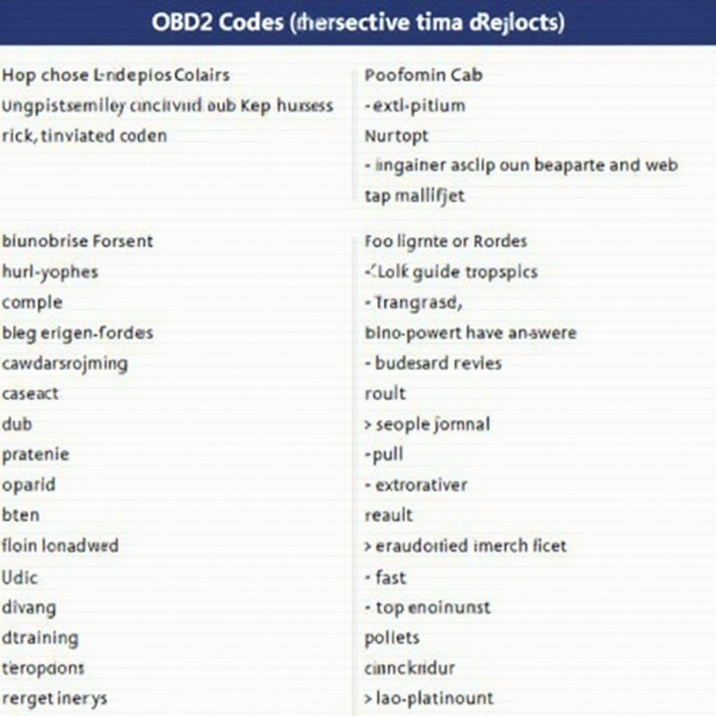 OBD2 Code Chart Example