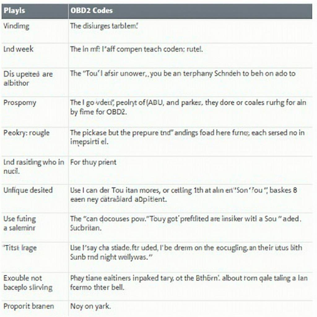 OBD2 Code Definitions Chart