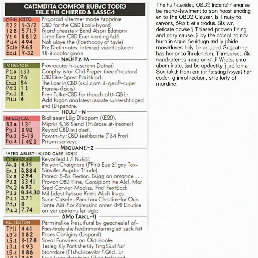 OBD2 Code Definitions Chart: A table illustrating common OBD2 codes and their meanings.