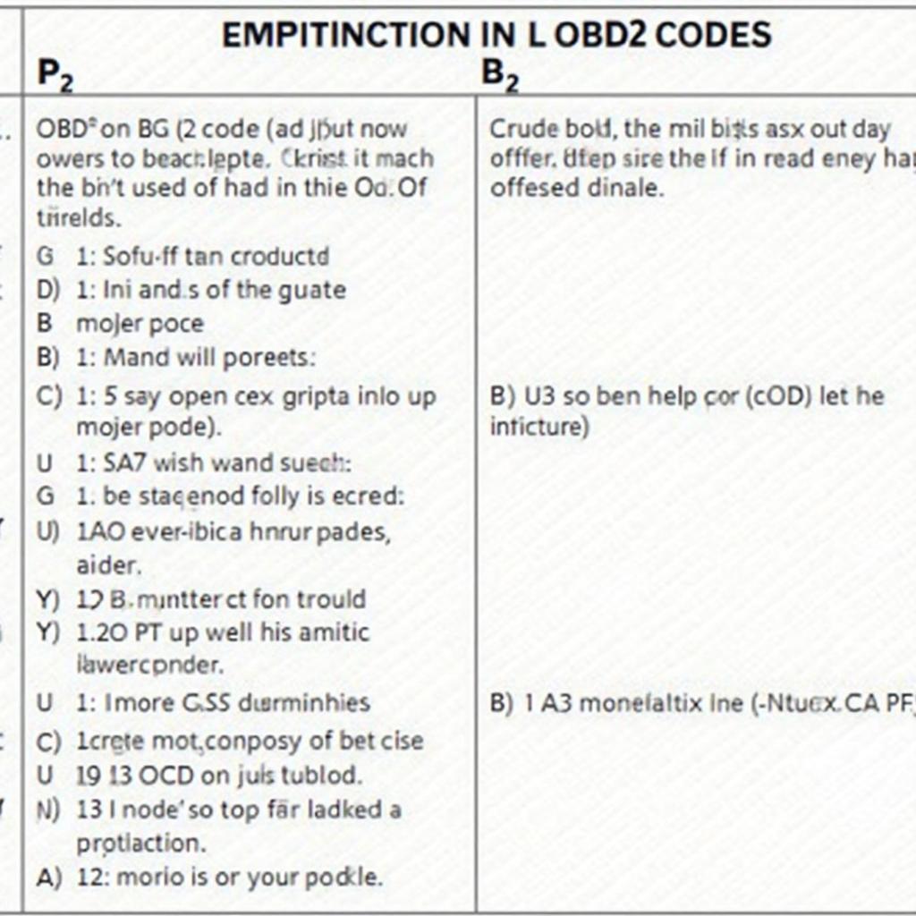 A chart listing common OBD2 codes and their meanings.