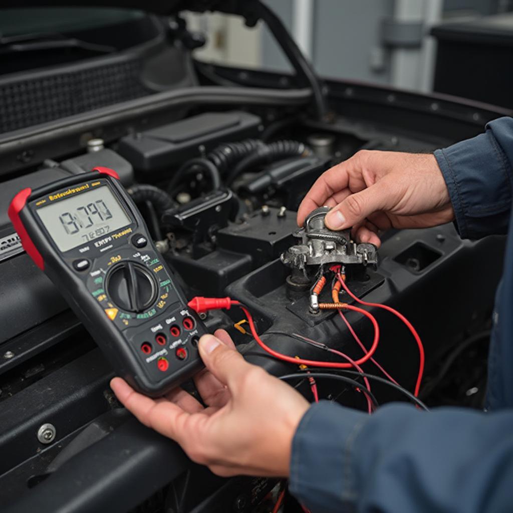 Mechanic testing the Throttle Position Sensor with a multimeter.