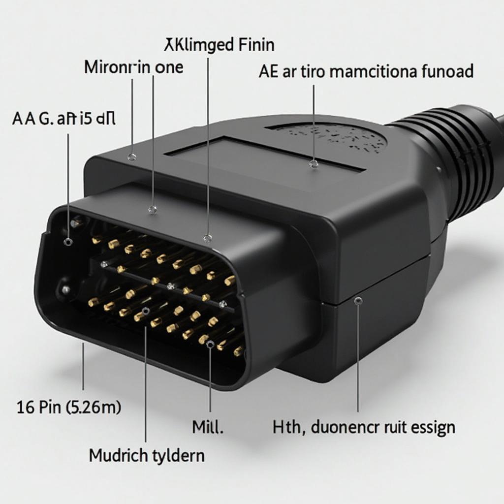 Close-up view of an OBD2 connector showing the 16 pins