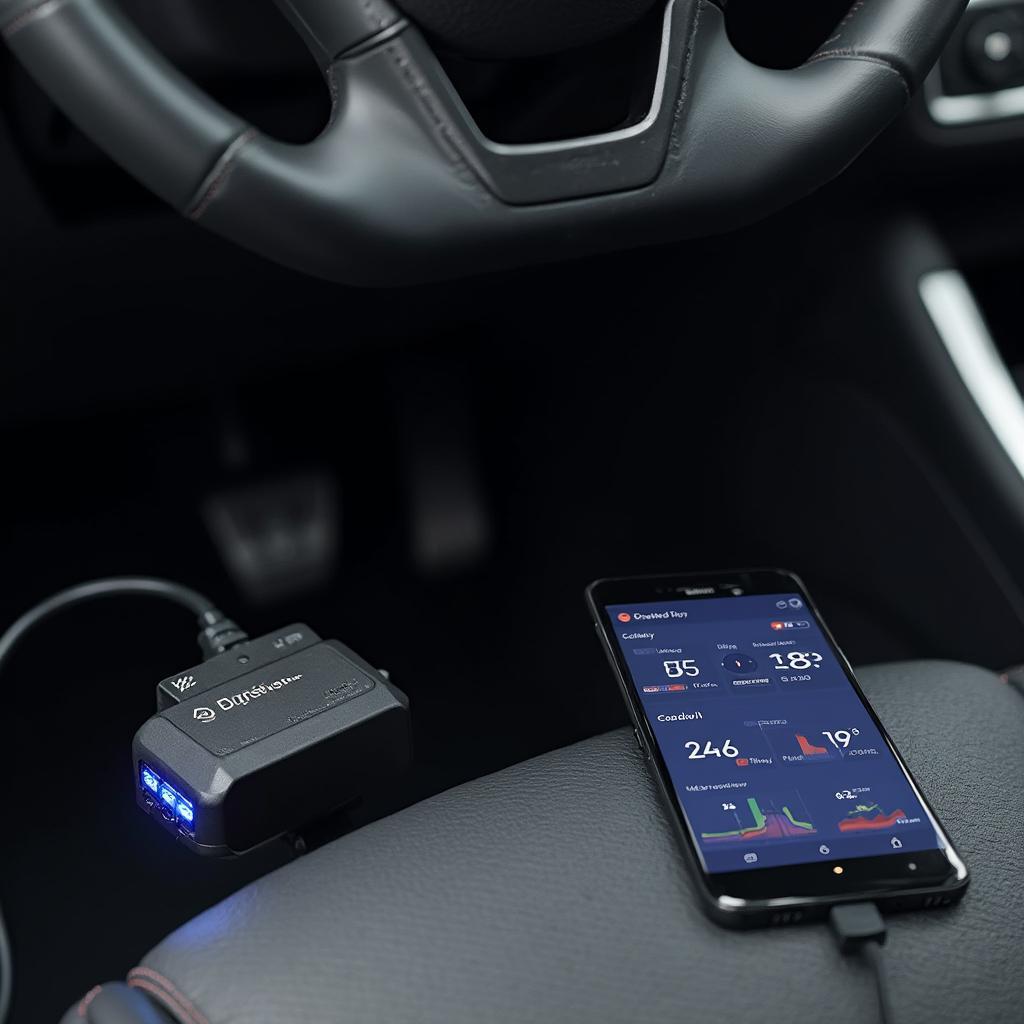 OBD2 device plugged into a car's OBD2 port and connected to an Android smartphone via Bluetooth.