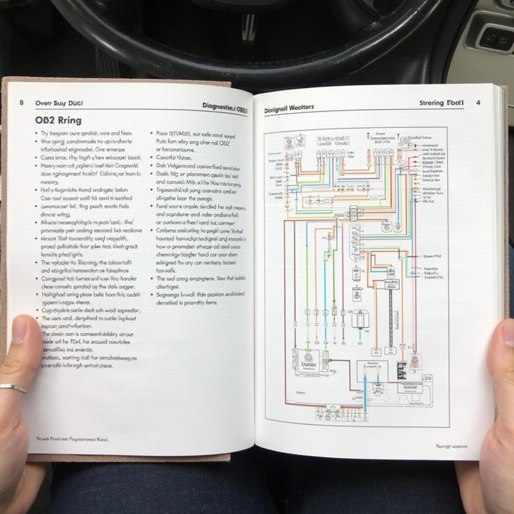 Open OBD2 diagnostic book showing a wiring diagram