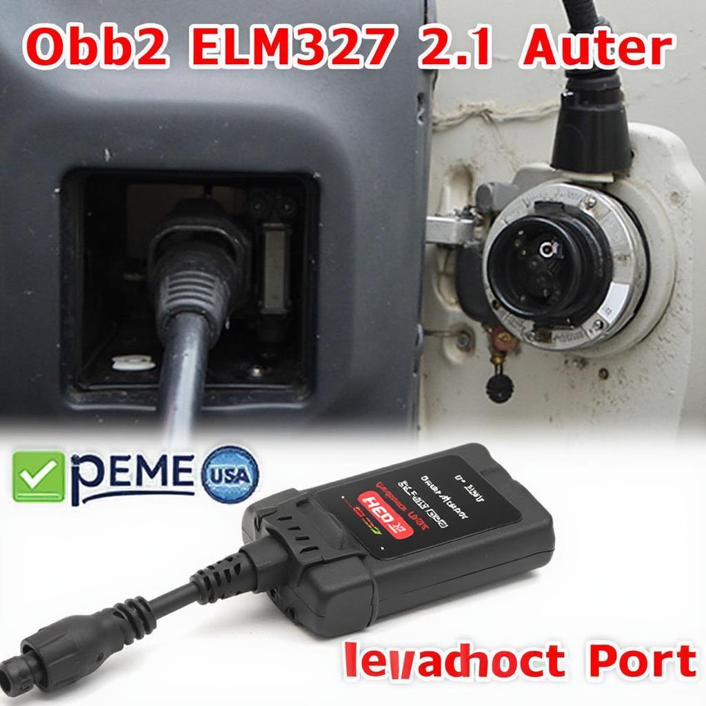 OBD2 ELM327 v2.1 adapter plugged into a car's OBD2 port.