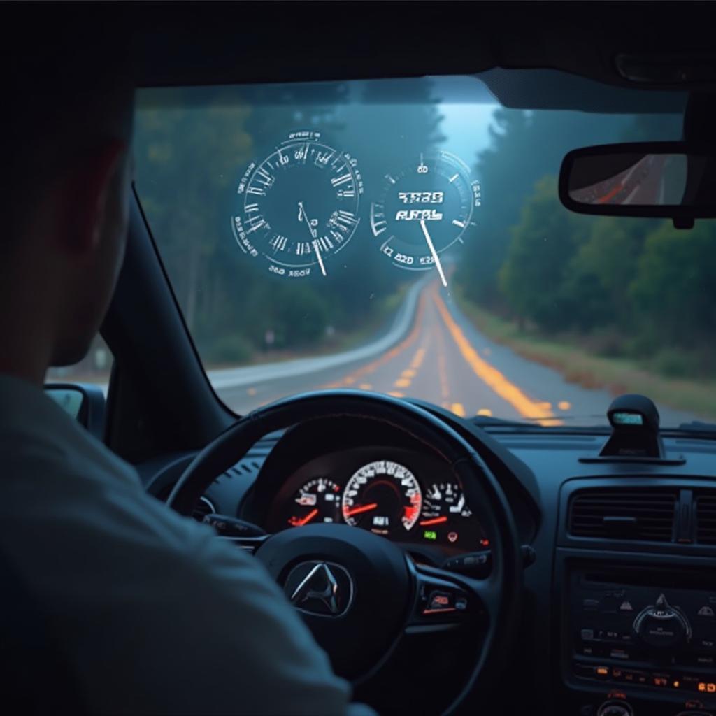 OBD2 HUD displaying speed and RPM on a car windshield