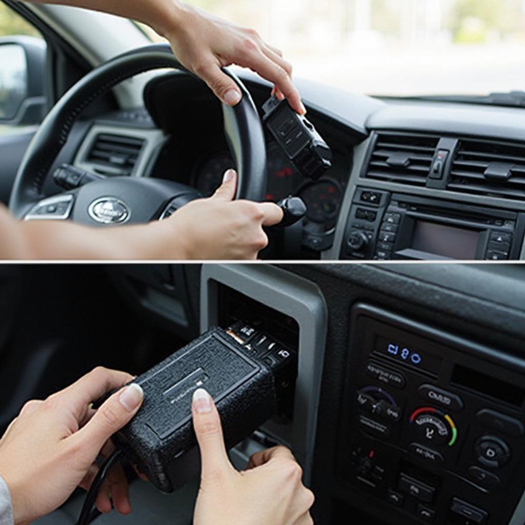 Connecting an OBD2 HUD to a car's OBD2 port during installation.