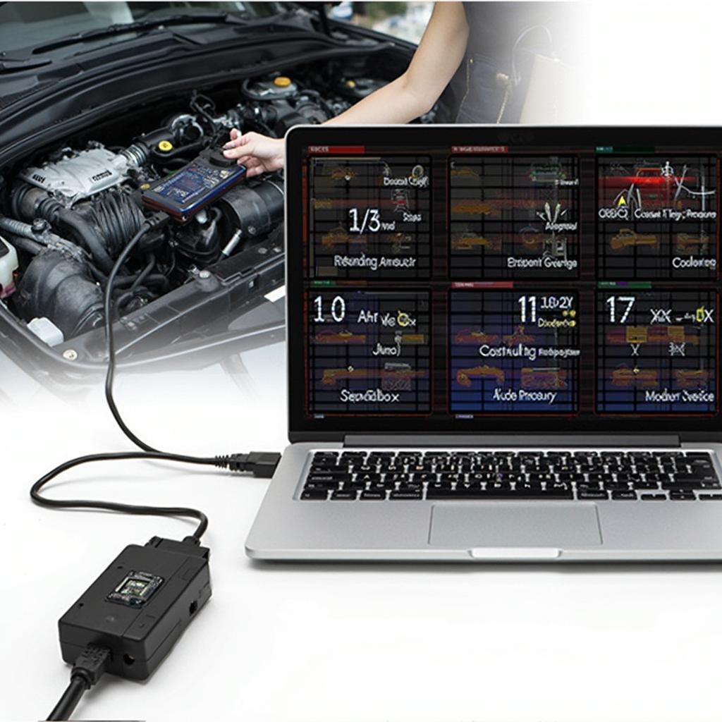 OBD2 interface module connected to a laptop displaying diagnostic data