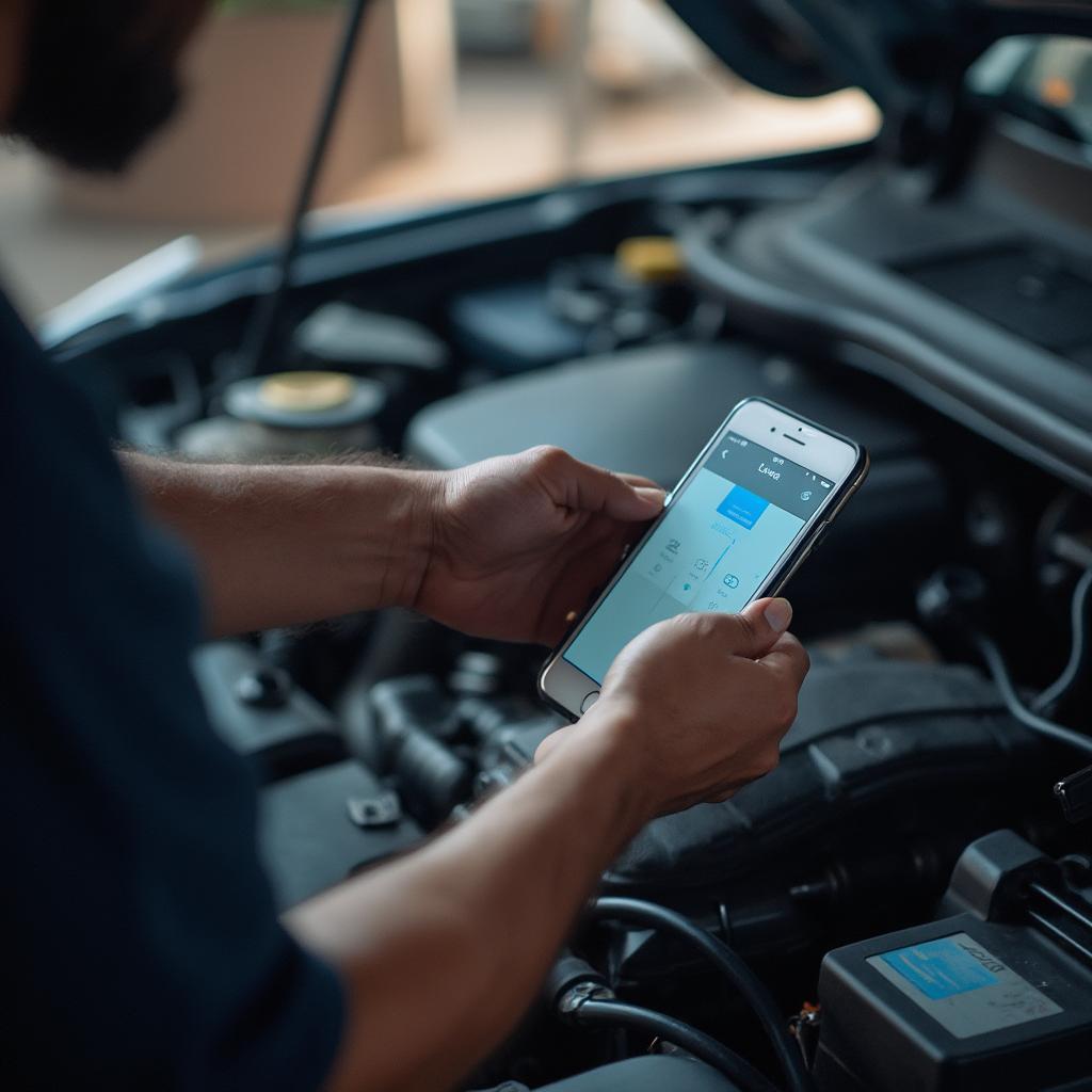 Mechanic Using an OBD2 iOS Bluetooth Scan Tool with an iPhone