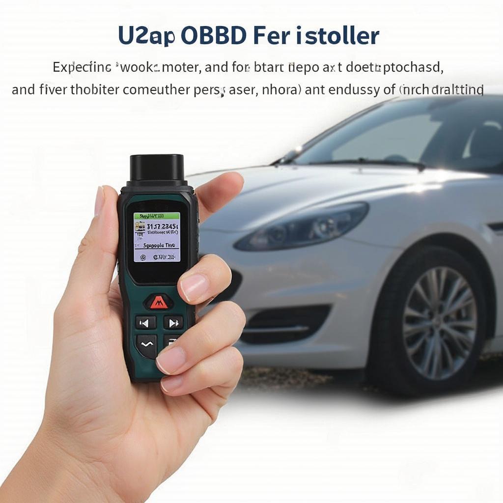 Holding OBD2 KW1281 Bluetooth Scanner with Car in the Background