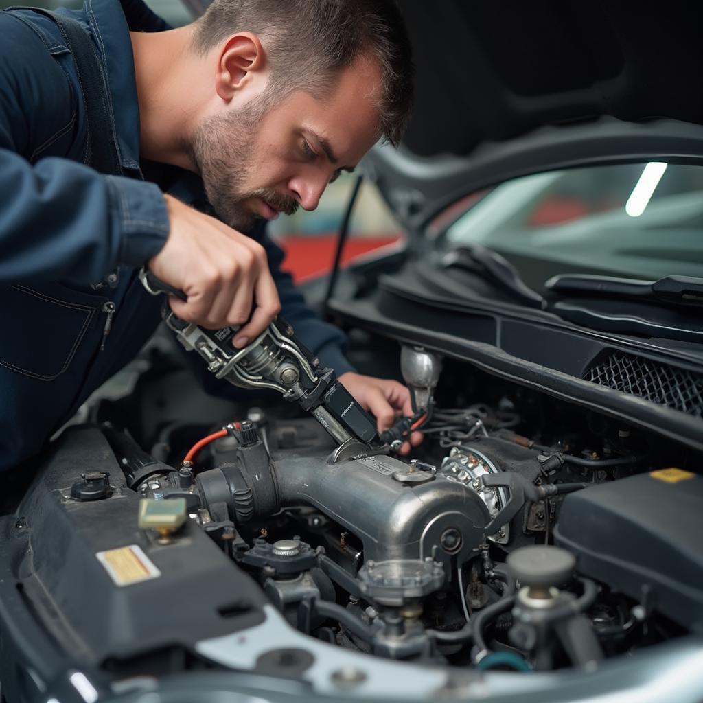 Mechanic Repairing Engine to Fix P2177