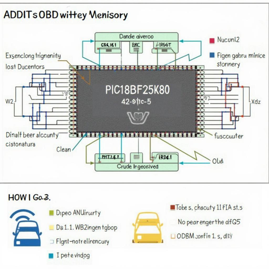 OBD2 PIC18F25K80 Microcontroller Explained: A detailed diagram showing the PIC18F25K80 microcontroller's integration within an OBD2 scanner circuit, highlighting its key components and connections to the vehicle's diagnostic port.