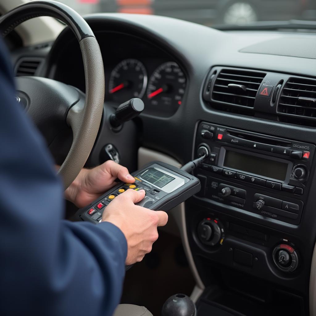 OBD2 Port Connector Subaru Outback - A mechanic connecting an OBD2 scanner to the port in a 2001 Subaru Outback, demonstrating proper usage.