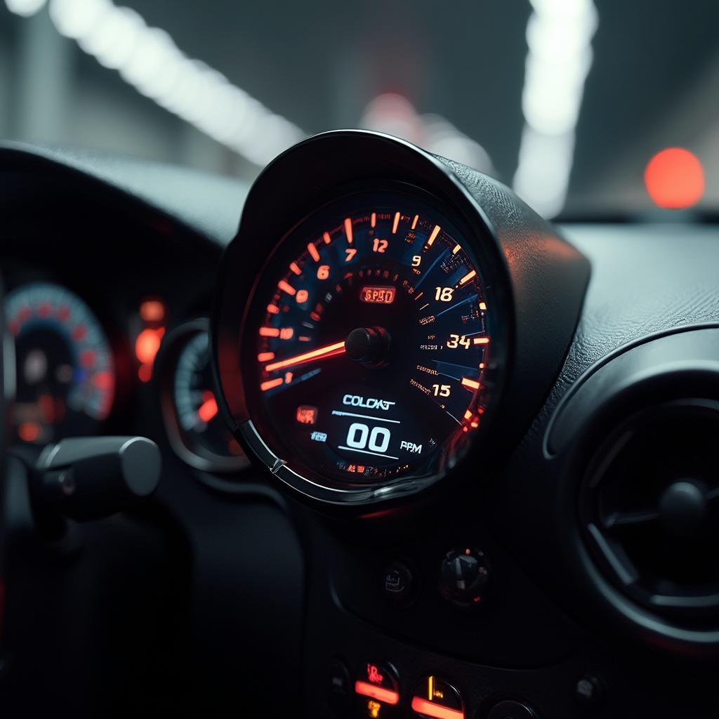 OBD2 racing gauge displaying real-time performance data in a sports car