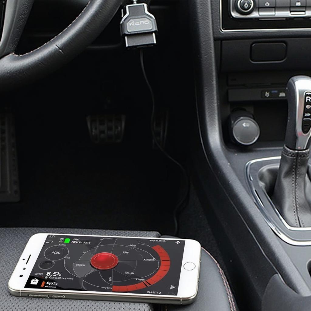 OBD2 reader plugged into a car's OBD2 port and connected to an Android phone via Bluetooth.