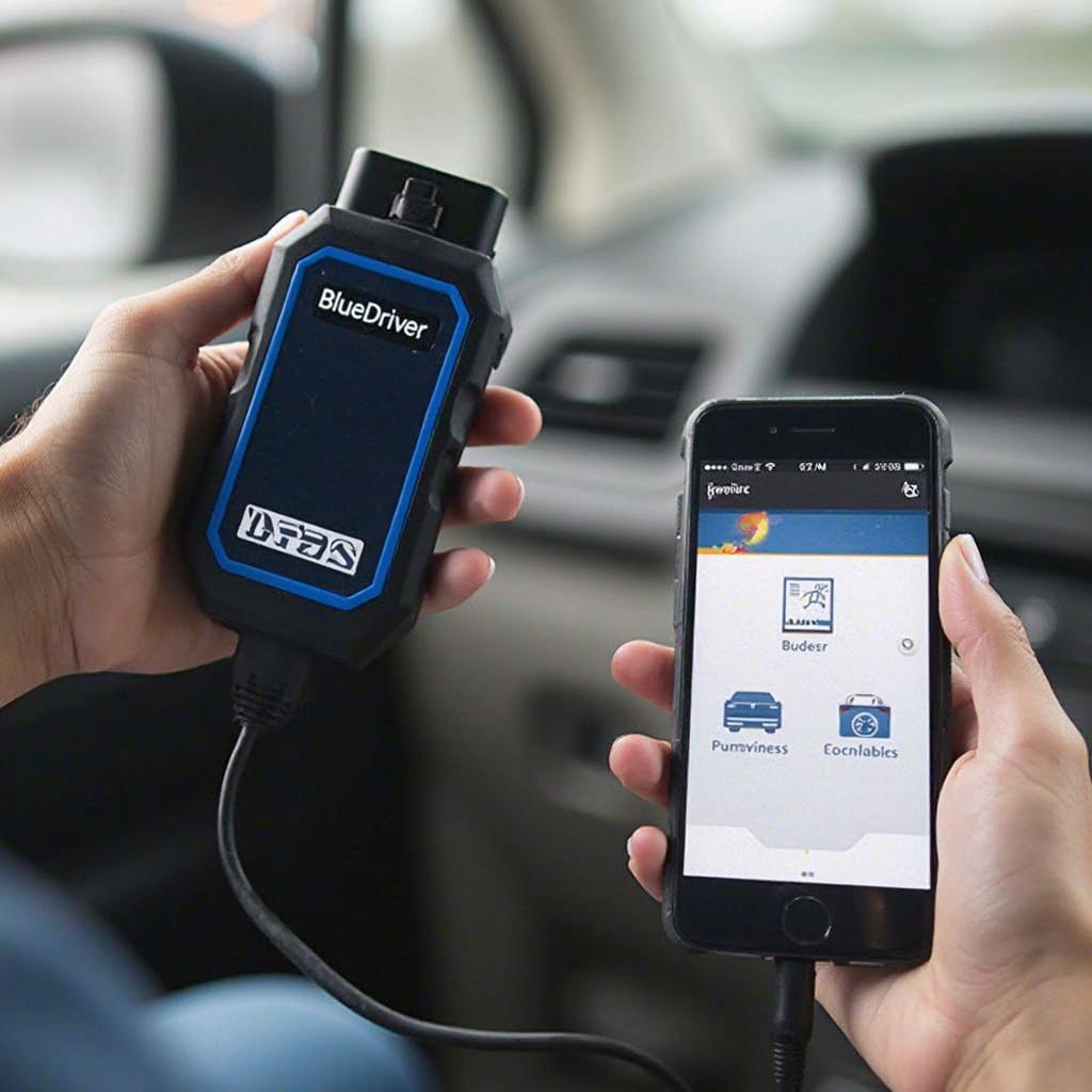 A DIY enthusiast using a BlueDriver OBD2 scanner.