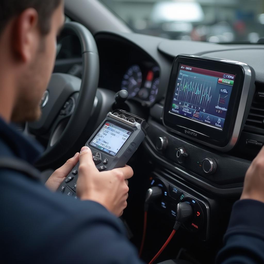 Mechanic Using an OBD2 Scanner to Check Emissions