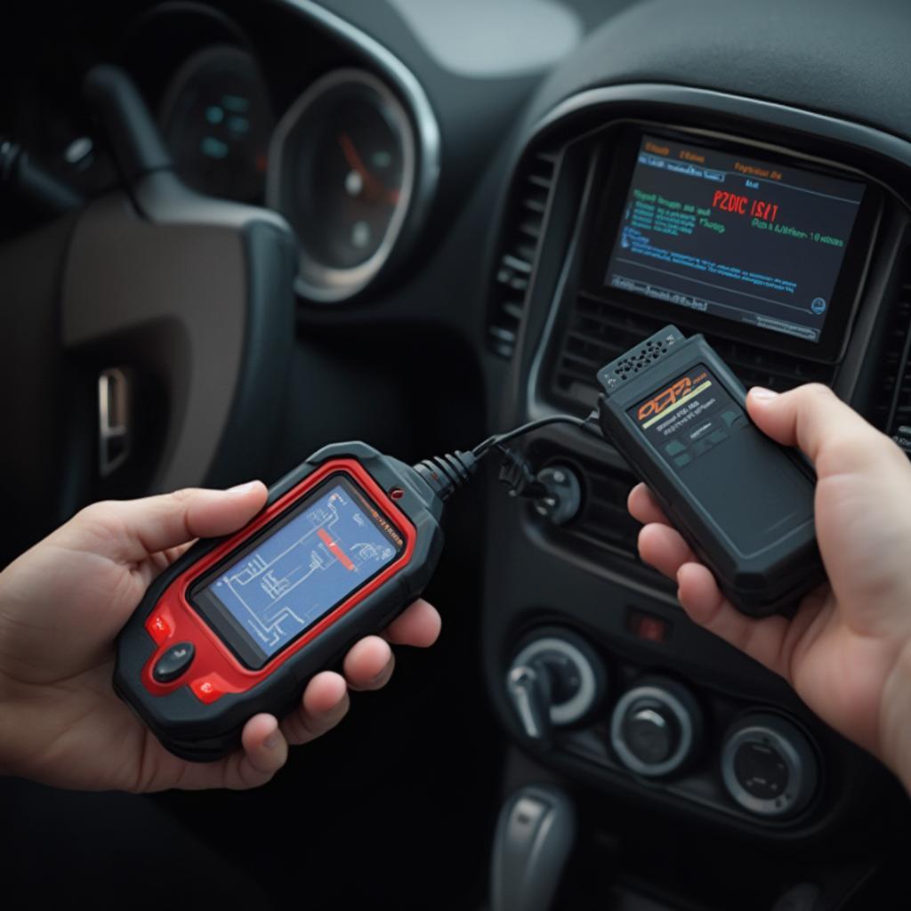 Mechanic using an OBD2 scanner to diagnose P2097 code on a Chevy Malibu LT