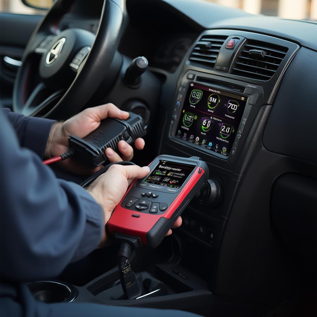 Mechanic Using OBD2 Scanner to Check Readiness Monitors