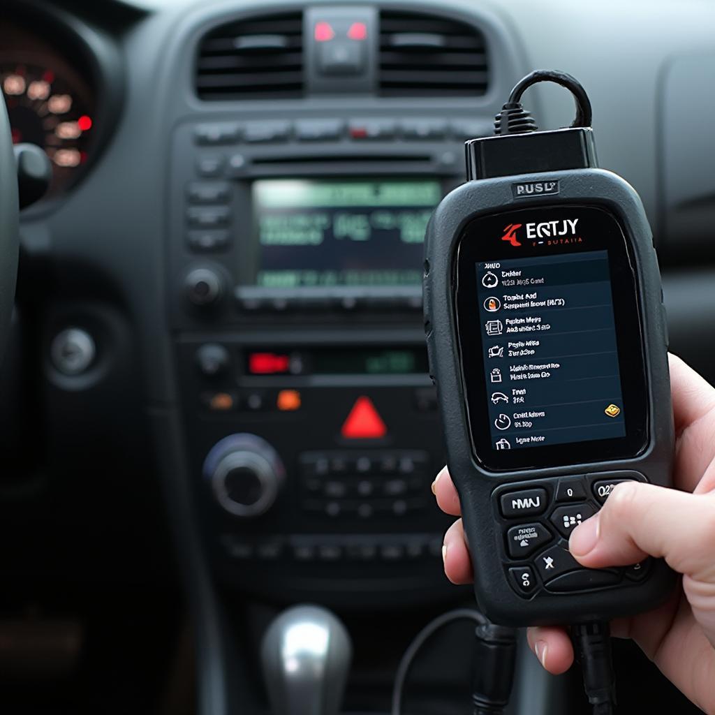 OBD2 Scanner Connected to 2004 Hyundai Sonata - This image depicts an OBD2 scanner plugged into the port of a 2004 Hyundai Sonata, showcasing the process of retrieving diagnostic information.